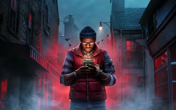 Silent Hill: Townfall 4K Ultra HD PC desktop wallpaper — lone man in a beanie and red vest stares at his smartphone amid fog and red-lit Silent Hill streets.