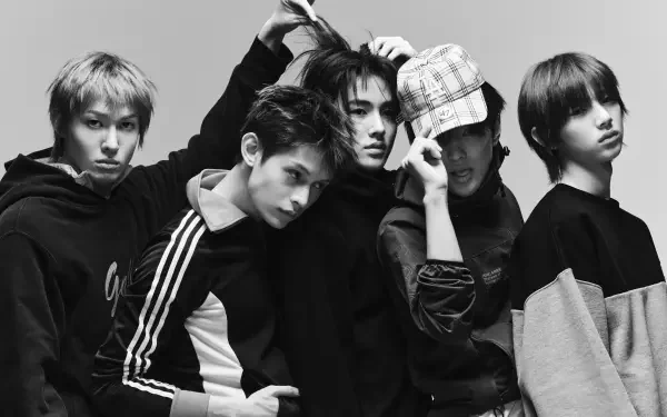 5K Ultra HD desktop wallpaper of five male models in a moody black-and-white group pose, Cortis/GREENGREEN styled.