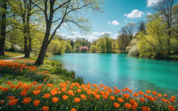 Vibrant spring scene: orange tulips along a turquoise lake, leafy trees and blooming shrubs beneath a bright blue sky — 2K Quad HD PC desktop wallpaper and background.