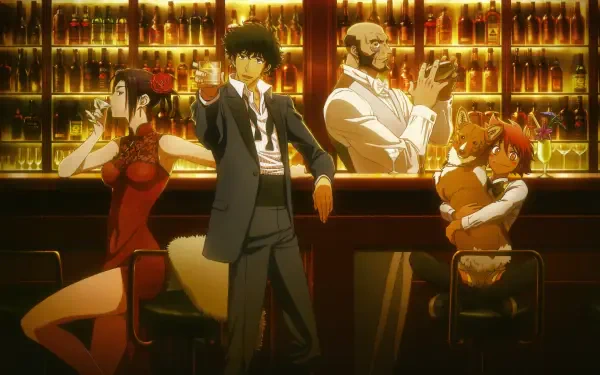 Cowboy Bebop 4K Ultra HD PC desktop wallpaper: Spike Spiegel at a warmly lit bar with Faye Valentine, Jet Black and Edward, amber bottles lined on back shelves.