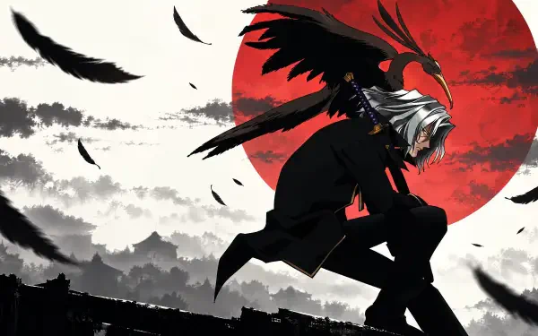 Cowboy Bebop's Vicious reimagined as a samurai crouched with raven wings before a blood-red sun — anime 4K Ultra HD PC desktop wallpaper background