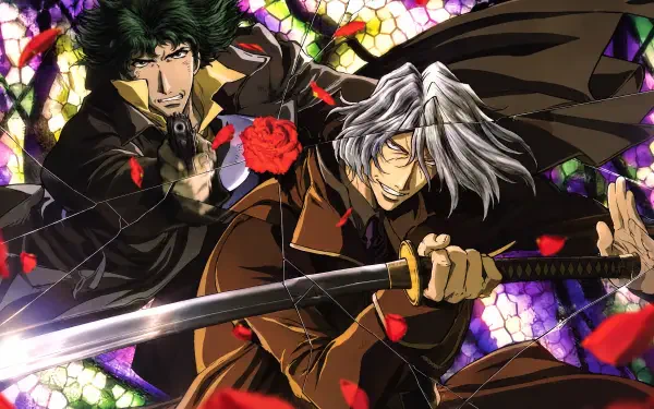 Cowboy Bebop 4K Ultra HD PC desktop wallpaper/background: Spike Spiegel and Vicious in an anime sword duel, cloaks billowing, rose petals against a stained-glass backdrop.