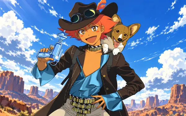Edward Wong (Cowboy Bebop) and Ein in cowboy attire, grinning in a sunlit canyon—vibrant anime 4K Ultra HD PC desktop wallpaper.