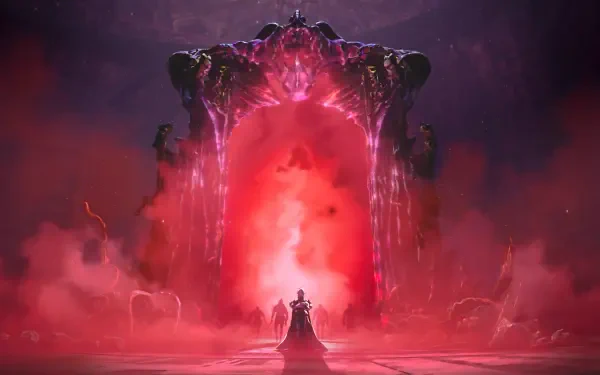 4K Ultra HD PC wallpaper: robed figure faces a towering crimson demon portal from Fire Emblem: Fortune's Weave, red mist and jagged arches framing the abyss.