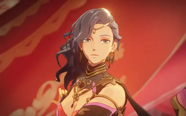 4K Ultra HD PC desktop wallpaper showing an anime woman from Fire Emblem: Fortune's Weave — dark-haired noble adorned with gold jewelry against a flowing red background.