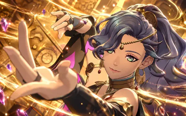 4K Ultra HD PC wallpaper: anime woman from Fire Emblem: Fortune's Weave reaching out, smiling amid swirling golden runes and floating gems.