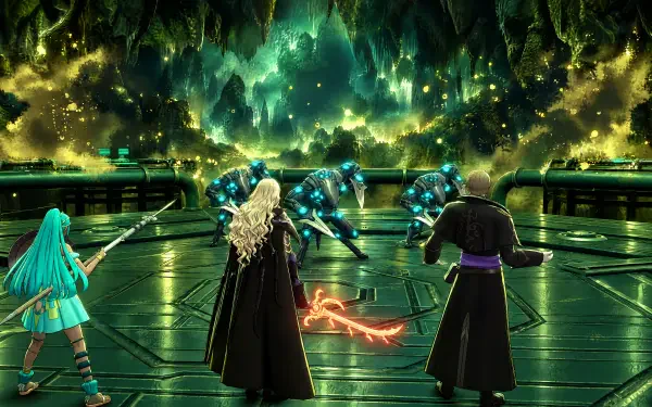 Fire Emblem: Fortune's Weave video game anime-style 4K Ultra HD PC wallpaper: three heroes stand on a glossy platform in a luminescent green cavern, confronting armored foes amid magic flares.