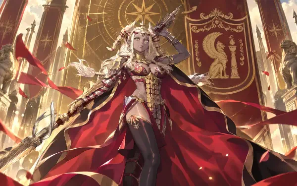 4K Ultra HD PC wallpaper of Theodora, queen from Fire Emblem: Fortune's Weave — a regal woman in an ornate crown and red flowing cloak standing before a golden throne hall.