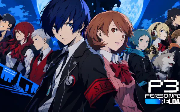 2K Quad HD Persona 3 Reload PC wallpaper: Makoto Yuki and Yukari Takeba lead the SEES cast beneath a full moon — stylized anime characters from the Persona 3 video game.