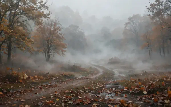 HD PC desktop wallpaper: foggy fall forest landscape with a winding, leaf-strewn path vanishing into mist.