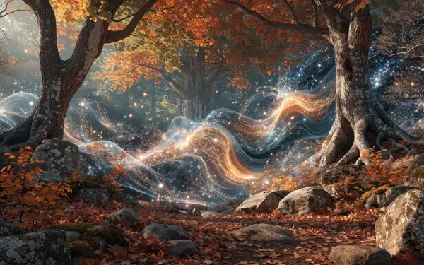 2K Quad HD PC desktop wallpaper — fall forest with tall trees beside a rocky stream, carpet of autumn leaves and glowing, star-filled ribbons of light weaving through the scene.