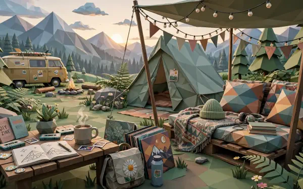 HD PC desktop wallpaper: indie-aesthetic mountain campsite with geometric tent, camper van, string lights, campfire and cozy blankets.