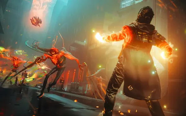 4K Ultra HD PC wallpaper: Control Resonant's Dylan Faden, with glowing hands and a gun, confronts explosions and writhing alien tendrils in a neon-soaked city street.