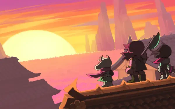 HD PC desktop wallpaper: silhouettes of Deltarune's Kris and Ralsei on a rooftop, watching a vast sunset behind distant spires.