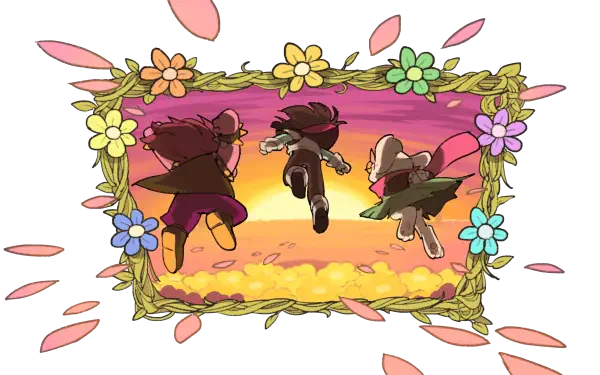 Deltarune 4K Ultra HD PC desktop wallpaper: Susie, Kris, and a witch girl run toward a glowing sunset framed by a wreath of colorful flowers.