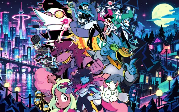 4K Ultra HD PC wallpaper showing Deltarune cast — Spamton G. Spamton, Queen, stylized pony and unicorn characters in a neon city and moonlit forest.