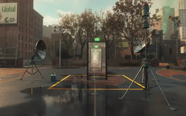 Control Resonant: solitary telephone booth on a wet street court flanked by resonant speakers and gear — moody urban 4K Ultra HD PC desktop wallpaper/background.
