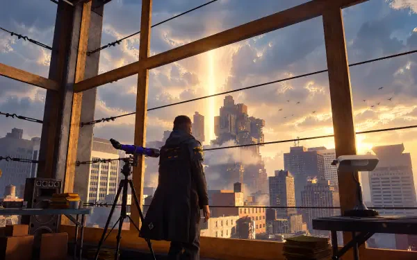 Control Resonant wallpaper, tagged Dylan Faden: lone figure by a window watches a glowing cityscape at sunset — 4K Ultra HD PC desktop background.