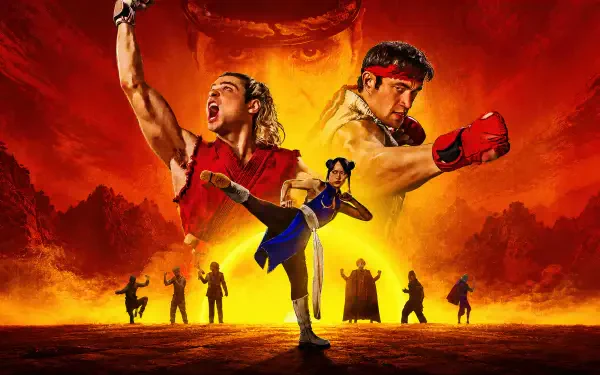 Street Fighter (2026), Street Fighter — 4K Ultra HD PC Desktop Wallpaper and Background: three fighters in dynamic poses before a fiery red-orange sky, with silhouetted combatants along the horizon.