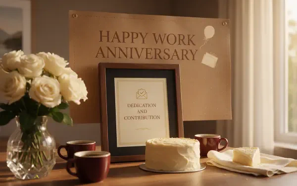2K Quad HD PC desktop wallpaper showing a work anniversary scene: cake with a slice, vase of flowers, coffee cups, certificate and a Happy Work Anniversary sign.