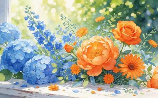 2K Quad HD PC desktop wallpaper: summer floral bouquet of orange roses, peonies and daisies with blue hydrangeas on a sunlit windowsill.