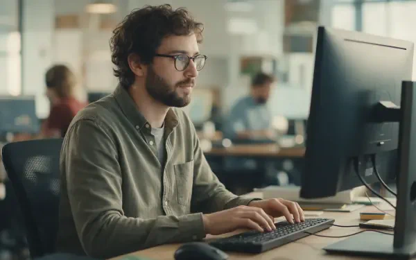Coder man at a computer in an open office, focused on typing — 2K Quad HD PC Desktop Wallpaper and Background.