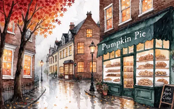Cozy fall street in Autumn rain: a glowing pumpkin pie shop on wet cobblestones — 2K Quad HD PC desktop wallpaper