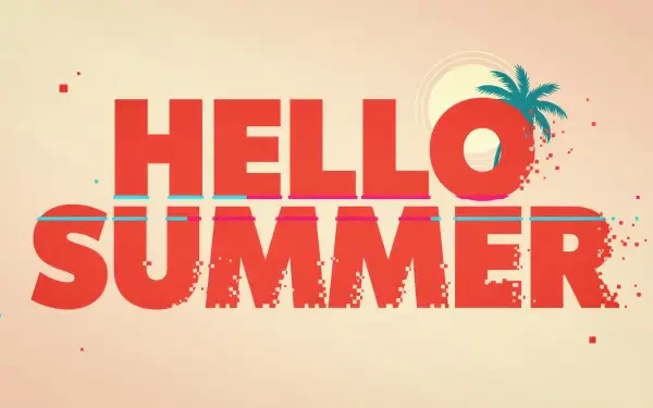2K Quad HD PC desktop wallpaper: bold distressed red HELLO SUMMER typography on a beige background with a stylized sun and palm silhouette.