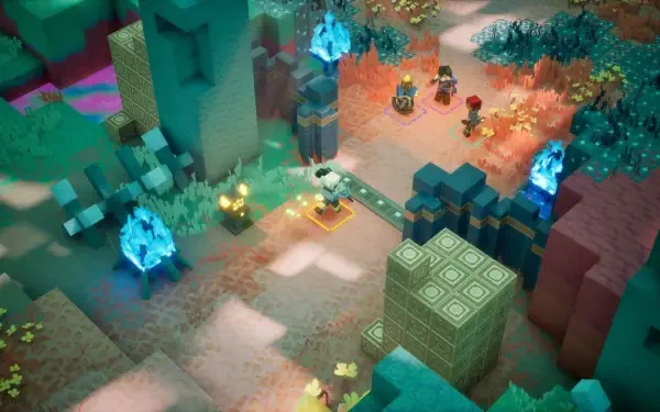 HD PC desktop wallpaper of the video game Minecraft Dungeons II voxel landscape: top-down view of adventurers amid glowing crystals, blocky terrain and towering green and blue voxel structures.