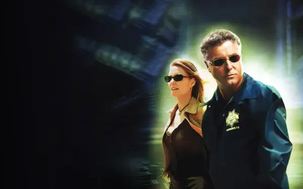 CSI: Crime Scene Investigation 4K Ultra HD PC desktop wallpaper of two investigators in sunglasses and badges standing against a dark, forensic lab–style background.
