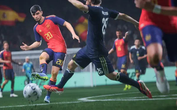 EA SPORTS FC 27 HD PC desktop wallpaper and background: dynamic soccer scene of a red-team player striking the ball past defenders on a lit stadium pitch.