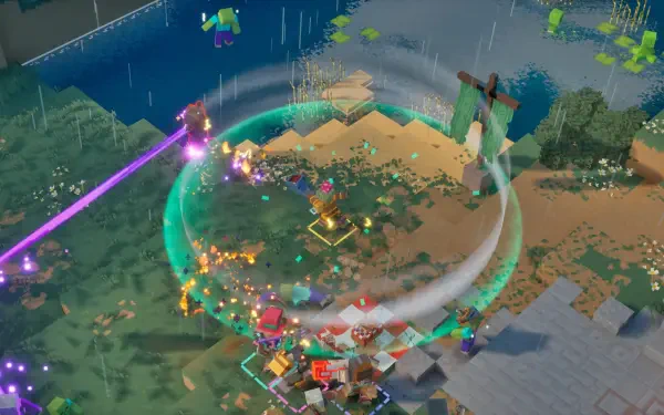 HD PC desktop wallpaper from Minecraft Dungeons II video game: pixelated heroes clash in a battle, casting spells and protected by a glowing shield bubble over a swampy battlefield.