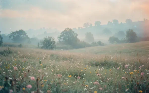Soft-colored misty meadow and wildflower field at dawn, rolling hills and distant trees — 4K Ultra HD PC desktop wallpaper and background.
