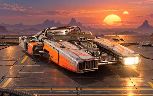 Star Wars: Galactic Racer futuristic car on a metallic pad at sunset — 4K Ultra HD PC desktop wallpaper background.