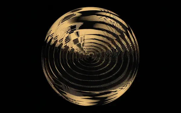 Black and gold abstract sphere of concentric circles and ripples, a glossy orb on a black 4K Ultra HD PC desktop wallpaper.