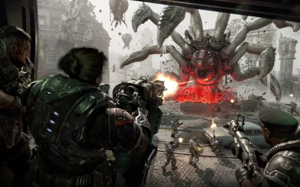 HD PC desktop wallpaper — Gears of War: E-Day battle: soldiers unleash heavy fire on a towering, spider-like Locust with a glowing red core amid a ruined cityscape.