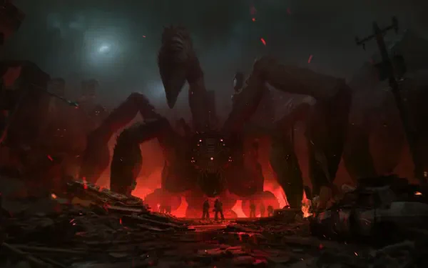 HD PC desktop wallpaper, Gears of War: E-Day featuring Marcus Fenix and soldiers facing a towering spider-like Locust monster amid burning ruins.