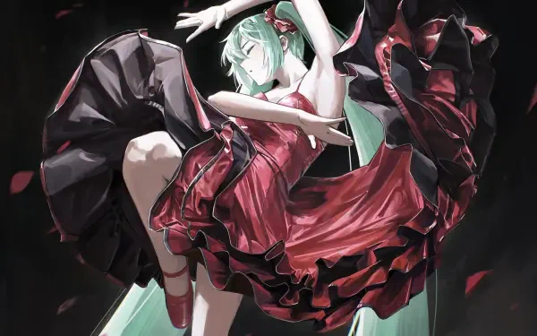 Anime illustration of Hatsune Miku in a flowing red dress, mid-air pose with falling petals — HD PC desktop wallpaper background.