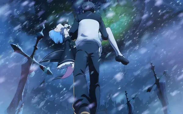 Re:ZERO -Starting Life in Another World- Forbidden Book and the Mysterious Spirit 4K wallpaper: a lone figure carries a blue‑haired girl through a snowy storm beneath barren trees.