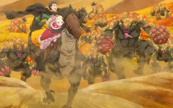 Re:Zero - Starting Life in Another World 4K Ultra HD PC wallpaper: a girl in a pink cape rides a horse across a golden field with a companion, pursued by bulky flower-armored monsters.