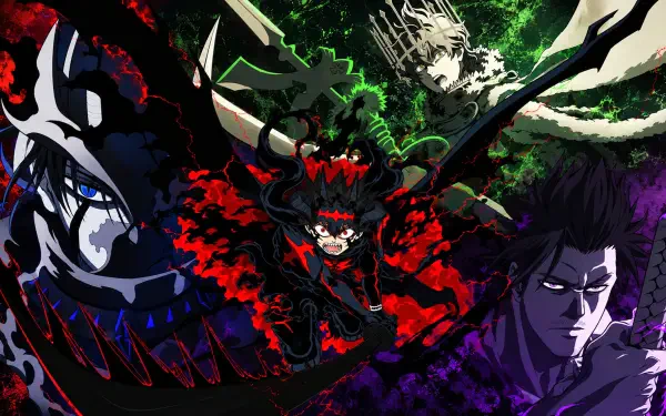 Black Clover 4K Ultra HD PC desktop wallpaper: central black-clad warrior with red demonic aura, shadowy beast at left and brooding ally amid green lightning.