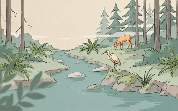 4K Ultra HD PC desktop wallpaper and background: peaceful forest river scene with a deer grazing and a bird perched on a rock.