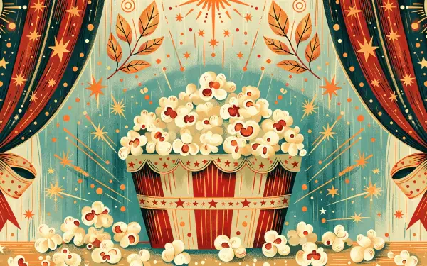 Whimsical popcorn overflowing from a striped tub under starry theater curtains — vibrant retro 4K Ultra HD PC desktop wallpaper and background.