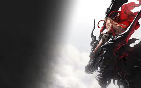 Final Fantasy Resonance video game artwork / Final Fantasy 4K Ultra HD PC desktop wallpaper/background: red-cloaked heroine atop a shadowy dragon amid stark black-and-white mist.