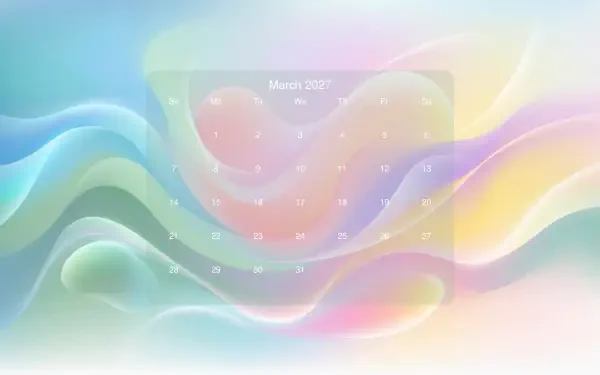 Pastel abstract gradient with flowing waves and a translucent March 2027 calendar overlay — 5K Ultra HD PC desktop wallpaper/background.