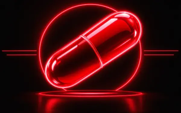 Neon red capsule pill glowing against a dark backdrop with a circular halo — 4K Ultra HD PC desktop wallpaper and background.