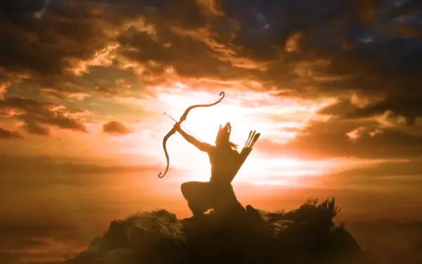Silhouette archer from Ramayana (2026) poised with bow against a blazing sunset — 4K Ultra HD PC desktop wallpaper and background.