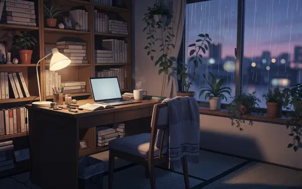 Cozy anime-style morning study scene: sunlit desk with laptop, lamp, books and potted plants by the window — HD PC desktop wallpaper background.