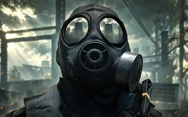 Call of Duty: Modern Warfare 4 gas mask soldier in a ruined forest, 4K Ultra HD PC desktop wallpaper and background.