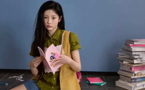 ILLIT’s Wonhee holds a pink book beside a stack of books in a 4K Ultra HD desktop wallpaper titled “Break Even.”